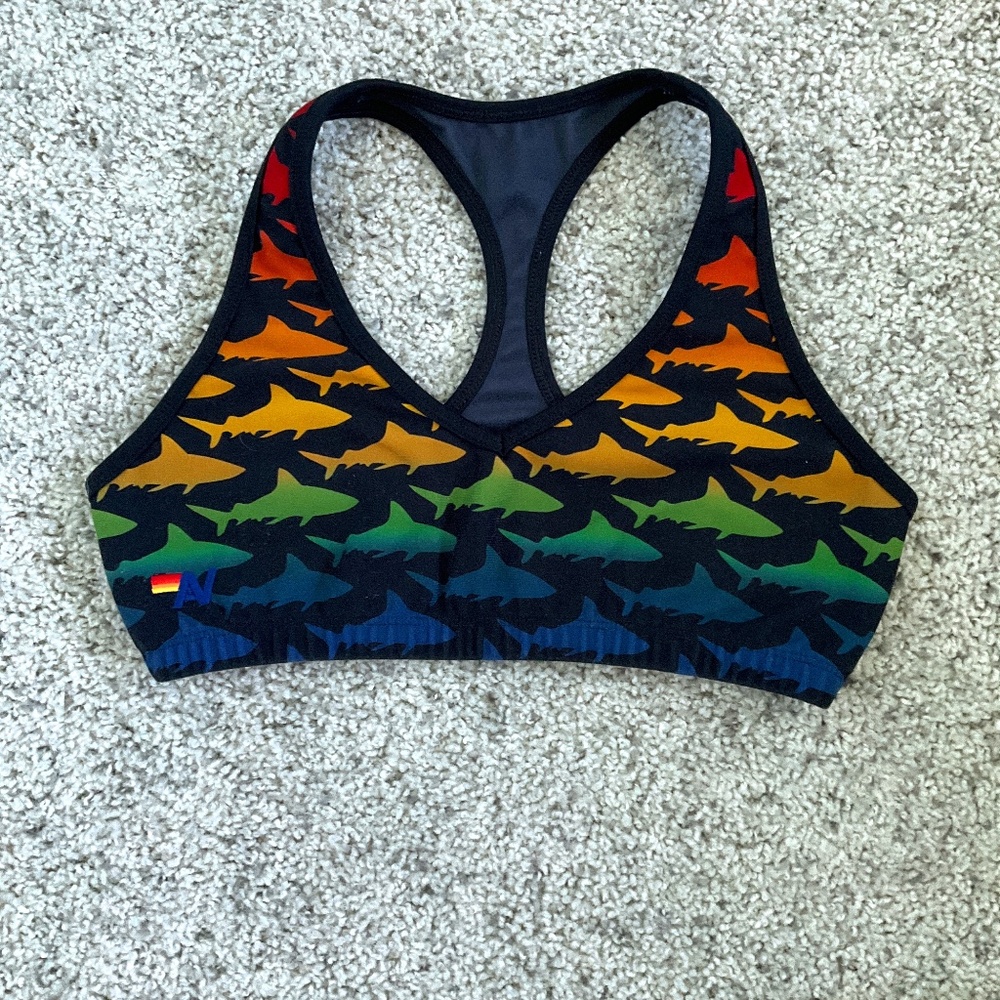 Aviator Nation rainbow shark v neck sports bra rare size S